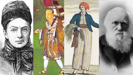 From left: Isabella Lucy Bird, Xuanzang, Jeanne Baret and Charles Darwin.