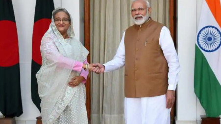 Prime Minister Narendra Modi greets Bangladesh Prime Minister Sheikh Hasina before their bilateral talk, at Hyderabad House, in New Delhi. File photo: HT