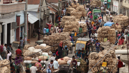 Vehicles carry raw jute to and from a market in Jashore. Amid lower production and increased demand, farmers are happy that they are getting higher prices of their produce, once termed the golden fibre of Bangladesh. The photo was taken recently. Photo: TBS