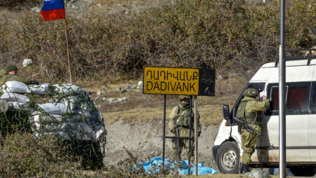 Russian peacekeepers patrol the village of Dadivank in Nagorno-Karabakh on Nov. 20. KAREN MINASYAN/AFP/Foreign Policy