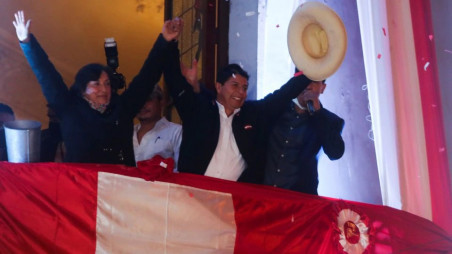 Leftist Pedro Castillo celebrates from the headquarters of the "Free Peru" party after Peru's electoral authority announced him as the winner of the presidential election. Photo: Reuters
