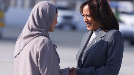     United Arab Emirates Minister of State for Advanced Technology Sarah bint Yousef Al Amiri welcomes US Vice President Kamala Harris upon her arrival to attend the United Nations Climate Change Conference (COP28) in Dubai, United Arab Emirates, December 2, 2023 .REUTERS