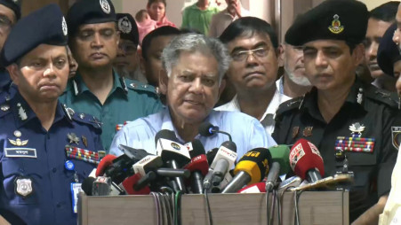 Brigadier General (Retd) Sakhawat Hossain, Advisor to the Ministry of Interior, talks to the media. Screenshot from the video