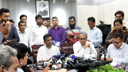 Youth and Sports Adviser Asif Mahmud Sajeeb Bhuiyan talks to the media at the secretariat today (18 August). Photo: BSS