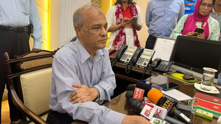 Retired Home Minister Lt Gen Md Jahangir Alam Chowdhury speaks to reporters at his office in the Secretariat today (19 August). Photo: UNB