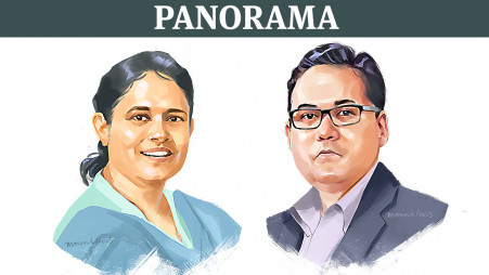 Nazma Akter (left), president of Sommilito Garments Sramik Federation and Shams Mahmud (right), managing director of Shasha Denims and former president of DCCI. Illustration: TBS