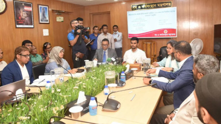 Labor and Employment Advisor Asif Mahmud Shojib Bhuiyan speaks at an event organized by the Labor Welfare Foundation at the ministry on Sunday (September 29). Photo: UNB