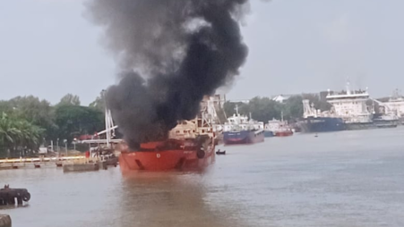 The tanker named Banglar Joyti caught fire on September 30. Photo: TBS