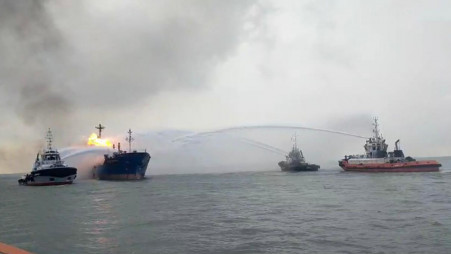 Navy and Coast Guard ships extinguish a fire on a ship carrying LPG "Sofia" anchored at the outer anchorage in Kutubdia, Cox's Bazar on Sunday, October 13, 2024. Photo. TBS