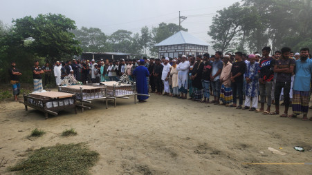 Three expatriates killed in a chemical plant explosion in Malaysia were buried at their ancestral home in Munshiganj on October 20. Photo: TVS