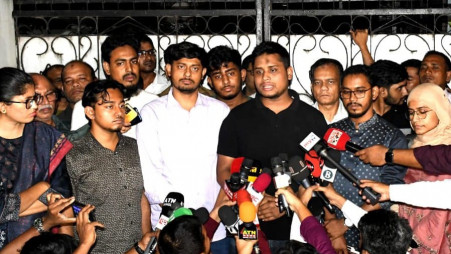 Hasnat Abdullah, the organizer of the Anti-Discrimination Student Movement, talks to reporters after a meeting with BNP. Photo: TBS