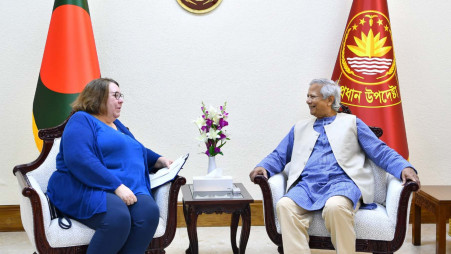 Helen LaFave, Charge d'Affairs of the US Embassy, ​​meets with Chief Advisor Professor Muhammad Yunus at his office in Tejgaon, Dhaka on October 31, 2024. Photo: PID 