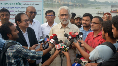 Local government, rural development and cooperatives A.F. Hasan Ariff talks to reporters during an inspection of the digital land development project at Nabiganj Ferry Ghat in Narayanganj on November 2, 2024. Photo: TBS