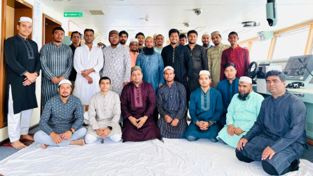 Bangladeshi sailors stranded aboard state-owned vessel MV Banglar Joyjatra in the Strait of Hormuz spend their Eid-ul-Adha on 27 May 2026. Photo: Courtesy 