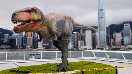  A 4.6 meters high robotic Tyrannosaurus rex dinosaur installation is pictured in front of the Victoria Harbour during a promotional event in Hong Kong, China, June 6, 2022. REUTERS/Tyrone Siu/File Photo