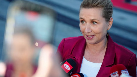 Denmark's acting Prime Minister Mette Frederiksen speaks to the media near the royal yacht Dannebrog, docked at Odense Harbor, Denmark, June 1, 2026. Photo: Sebastian Elias Uth/Ritzau Scanpix/via REUTERS