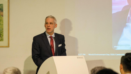 Swiss Ambassador to Bangladesh Reto Renggli speaks during an event titled "Swiss Partnerships for a Greener Bangladesh" organised by the Embassy of Switzerland in Dhaka to mark World Environment Day 2026, 4 June 2026. Photo: Courtesy