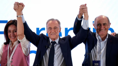 Real Madrid Presidential Election - Eurobuilding Hotel, Madrid, Spain - June 8, 2026 Florentino Perez celebrates after he is re-elected as Real Madrid president. Photo: Reuters