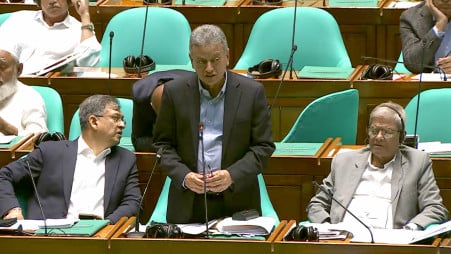 Finance Minister Amir Khosru Mahmud Chowdhury speaks during the discussion on the proposed national budget for FY27 in parliament. Photo: Screengrab/file