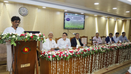 Agriculture, Fisheries and Livestock Minister Md Amin-ur Rashid speaks while addressing the annual technical workshop of the Soil Resource Development Institute (SRDI) at the institute's auditorium in the capital’s Farmgate area today, 10 June 2026. Photo: Collected