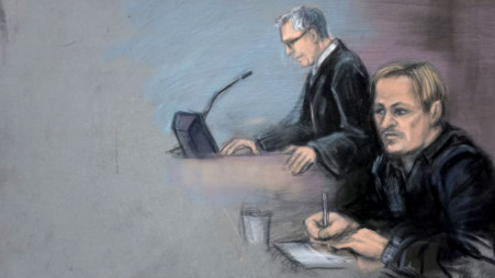A court sketch shows lawyer Petar Sekulic and Marius Borg Hoiby in room 250 of the Oslo Courthouse, Oslo, Norway, March 19, 2026. Photo: NTB/via Reuters