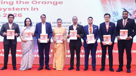Participants pose at the “Orange Economy Summit 2026: Dhaka” jointly organised by the Dhaka Stock Exchange (DSE), Impact Investment Exchange (IIX), and the Policy Research Institute of Bangladesh (PRI) at the Dhaka Stock Exchange (DSE) today, 16 June 2026. Photo: Courtesy
