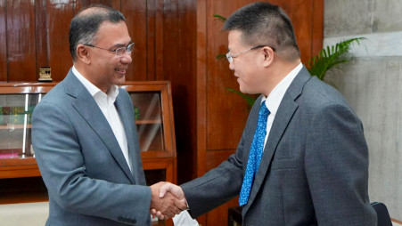 Prime Minister Tarique Rahman shakes hands with Chinese Ambassador to Bangladesh Yao Wen during a meeting at his office in Jatiya Sangsad Bhaban on 18 June 2026. Photo: PMO