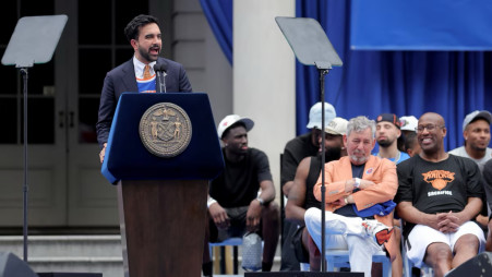 New York City Mayor Zohran Mamdani speaks during a ceremony at city hall after the New York Knicks championship parade. Photo: Reuters