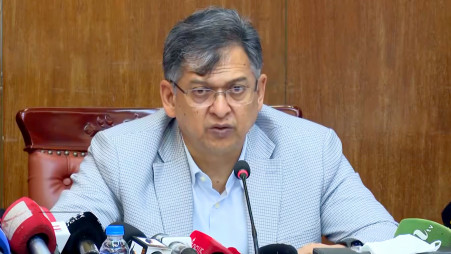 Home Minister Salahuddin Ahmed speaks to reporters today (20 June) after a ceremony honouring police personnel. Photo: Screengrab