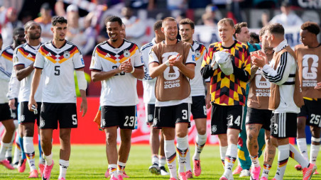 FIFA World Cup 2026 - Group E - Germany v Ivory Coast - Toronto Stadium, Toronto, Canada - 20 June, 2026 Germany's Aleksandar Pavlovic, Felix Nmecha and Waldemar Anton celebrate with teammates after the match IMAGN IMAGES via Reuters/John E Sokolowski