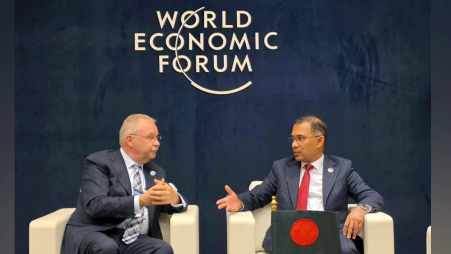 Prime Minister Tarique Rahman holds talks with World Economic Forum President and CEO Alois Zwinggi in Dalian, China, on 23 June 2026. Photo: Collected