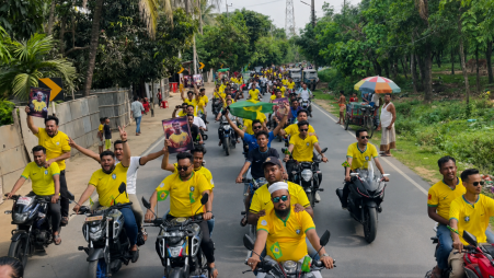 In Teknaf, hundreds of Brazil supporters brought the Marine Drive area alive with a motorcycle rally, carrying green and yellow flags, wearing jerseys and chanting “Brazil, Brazil” through the streets. Photo: Collected