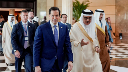 US Secretary of State Marco Rubio departs with Bahrain's Foreign Minister and Chairman of the GCC Ministerial Council session Abdullatif bin Rashid Al Zayani after a meeting with foreign ministers of the Gulf Cooperation Council Member States at The Ritz-Carlton Bahrain during Rubio's visit to the Middle East to discuss the interim deal between the US and Iran with Arab Gulf allies. Photo: Reuters