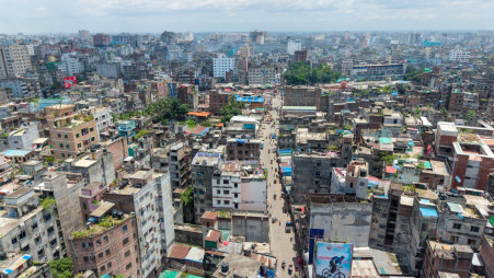 An aerial view shows dense buildings and narrow roads in Old Dhaka's Bangshal area on 4 July 2026. File Photo: TBS