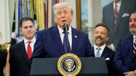 US President Donald Trump speaks during an event to mark the launch of "Trump Accounts" in the Oval Office at the White House in Washington, DC, US, 6 July 2026. REUTERS/Evan Vucci