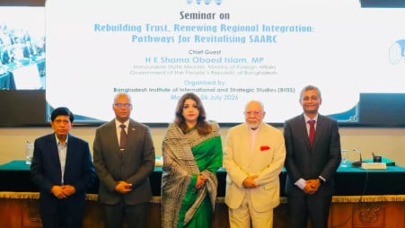 Participants pose for a photo at the seminar titled "Rebuilding Trust, Renewing Regional Integration: Pathways for Revitalising Saarc" on 6 July 2026. Photo: Courtesy