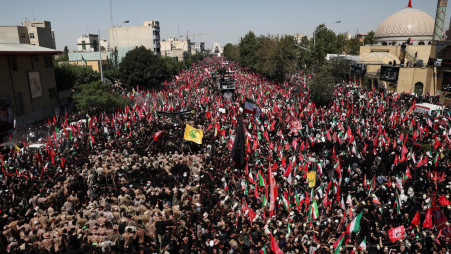 People gather during a funeral procession for Iran's late Supreme Leader Ayatollah Ali Khamenei, who was killed on 28 February in Israeli and U.S. airstrikes, in Tehran, Iran, 6 July, 2026. Majid Asgaripour/WANA (West Asia News Agency) via REUTERS.