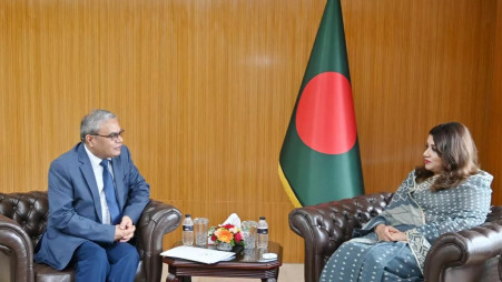 Secretary General of the Bay of Bengal Initiative for Multi-Sectoral Technical and Economic Cooperation (Bimstec) Indra Mani Pandey talks with State Minister for Foreign Affairs Shama Obaed Islam at the Ministry of Foreign Affairs on 7 July 2026. Photo: Courtesy