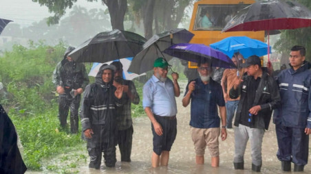 State Minister for Railways Habibur Rashid inspecting flood-affected sections of the railway as days of heavy rainfall left sections of the Chattogram-Cox’s Bazar railway line submerged. Photo: Collected 