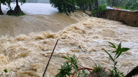 Upstream water onrush keeps breaching several Moulvibazar rivers' embankment on 10 July 2026. Photo: Focus Bangla