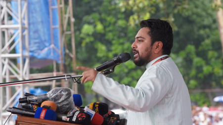 National Citizen Party Convener Nahid Islam speaks at a rally in Rangpur, 11 July 2026. Photo: Collected