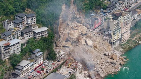 An aerial view of the landslide-affected area in southwest China on 17 July 2026. Photo: Collected 