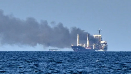 Smoke rises from the grain carrier Golden Leo under the Guinea-Bissau flag after Russian missile strike in the Black Sea close to Odessa, Ukraine, Sunday, July 19, 2026, local media reports. Photo: AP via UNB
