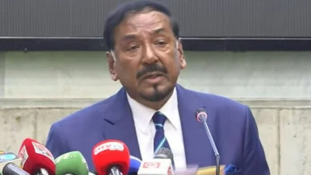 Speaker Hafiz Uddin Ahmad speaks to journalists at a press briefing in parliament on 24 July 2026. Photo: Screengrab