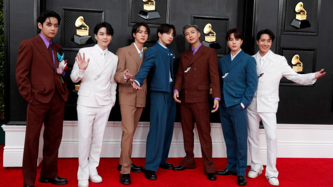 Jin, Jungkook, and RM of BTS attend the 64th Annual GRAMMY Awards