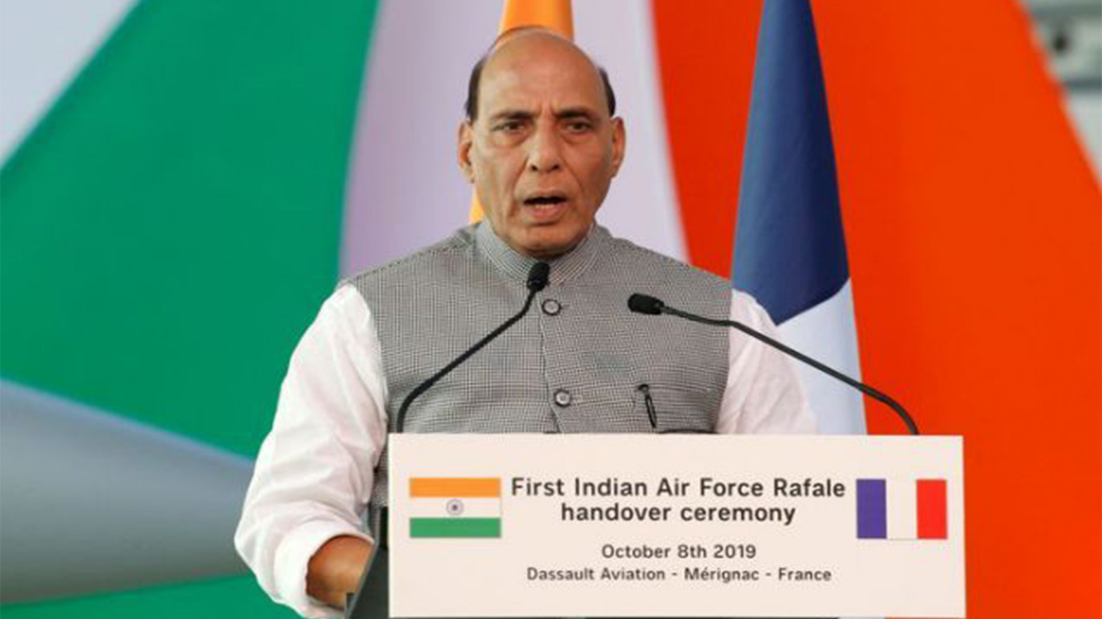 India's Defence Minister Rajnath Singh delivers a speech during a ceremony for the delivery of the first Rafale fighter to the Indian Air Force at the factory of French aircraft manufacturer Dassault Aviation in Merignac near Bordeaux, France, October 8, 2019. REUTERS/Regis Duvignau