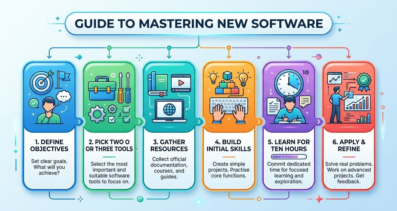 A colorful infographic illustrating a 6-step 'Guide to Mastering New Software,' with icons and descriptions for each stage from defining objectives to applying skills.