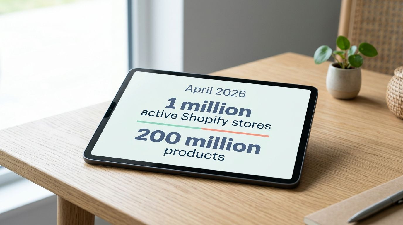 A tablet on a wooden desk displays the statistics 'April 2026, 1 million active Shopify stores, 200 million products', highlighting the scale of PPSpy's data.