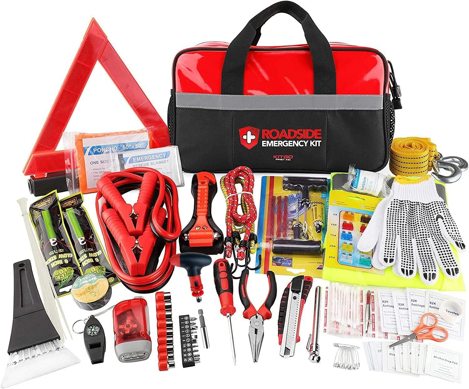 A basic roadside emergency kit should include jumper cables, a tow rope, a flashlight, reflective warning triangles, work gloves and a compact first-aid kit. PHOTO: Collected