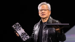 Nvidia CEO Jensen Huang holds a new Nvidia GeForce RTX 5090 graphics card and an RTX 5070 laptop as he gives a keynote address at CES 2025, an annual consumer electronics trade show, in Las Vegas, Nevada, US, 6 January 2025. REUTERS/Steve Marcus